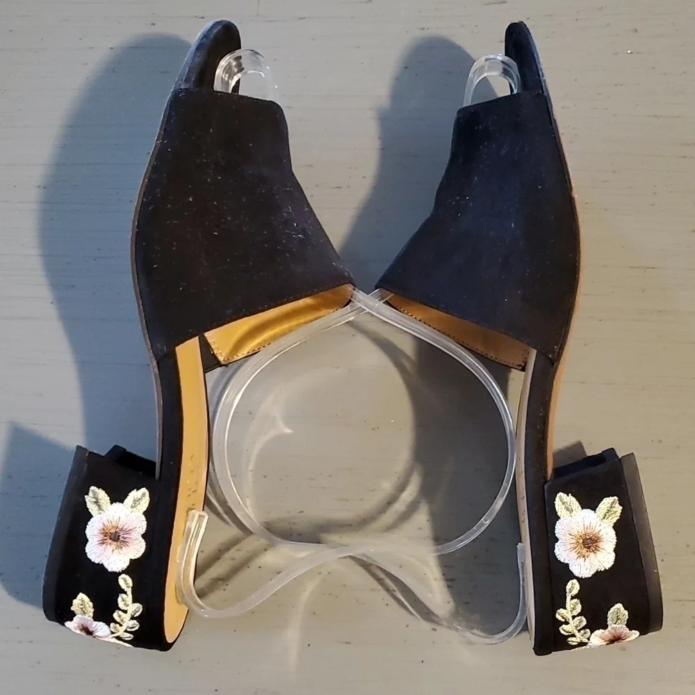 Franco Sarto-  Slides sandal Black Suede embroidered heels slip on women's 7.5
